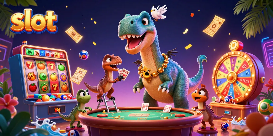 Slot online terbaru dengan brontosaurus dan raptor dalam suasana kasino yang meriah