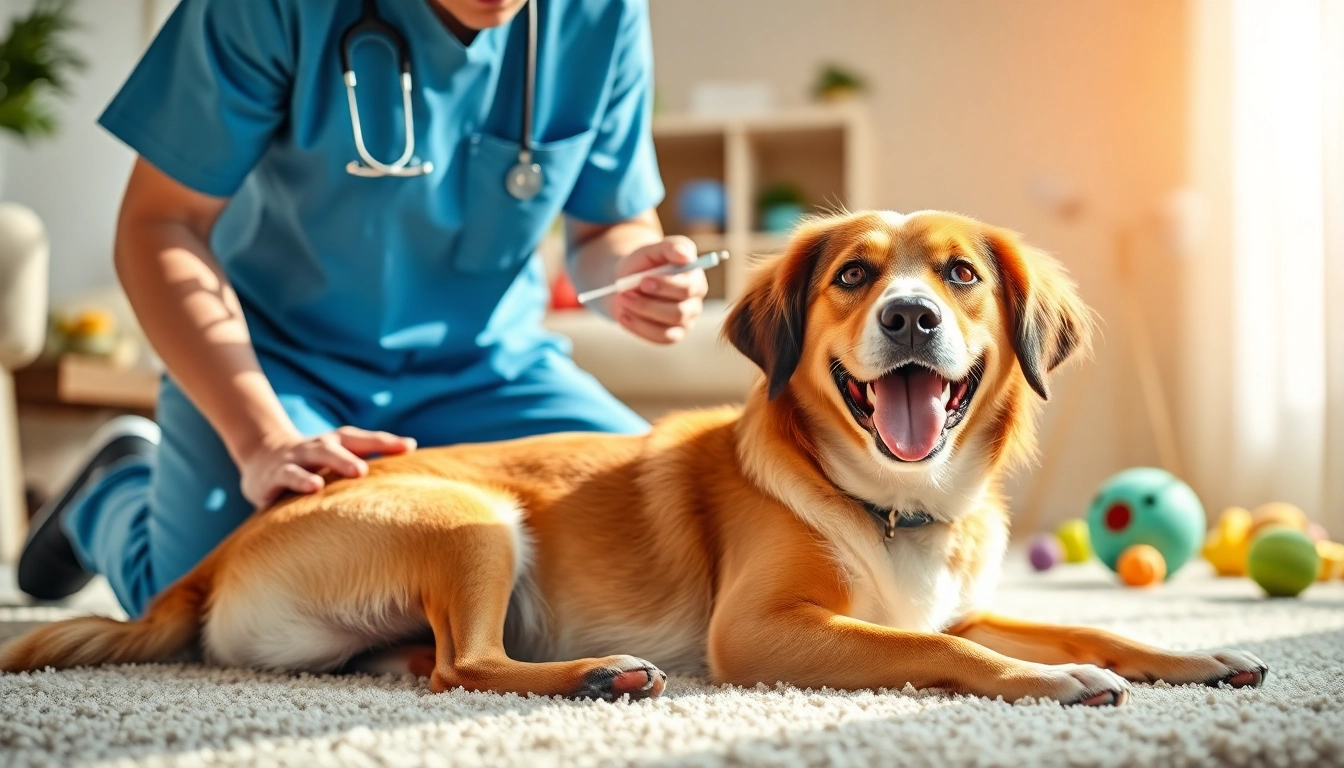 Applying dmso for dogs, showcasing a vet caring for a relaxed dog in a cozy setting.