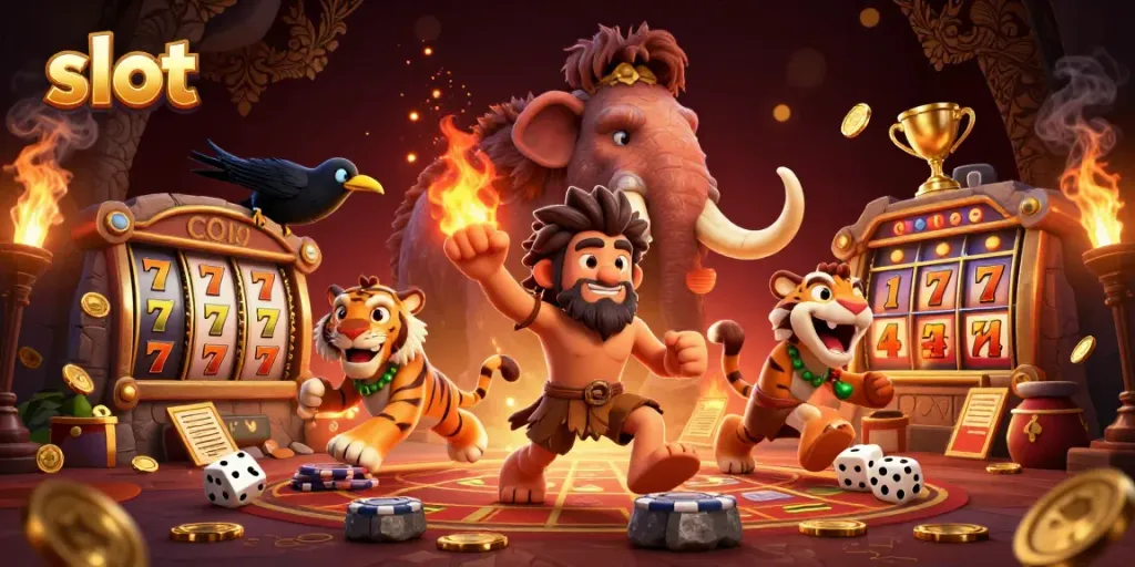 Spin the slot reels with the caveman and sabertooth tiger duo at their prehistoric casino adventure.