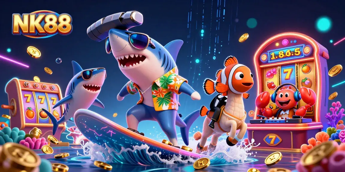 Experience the thrilling NK88 casino with vibrant characters enjoying games and rewards.