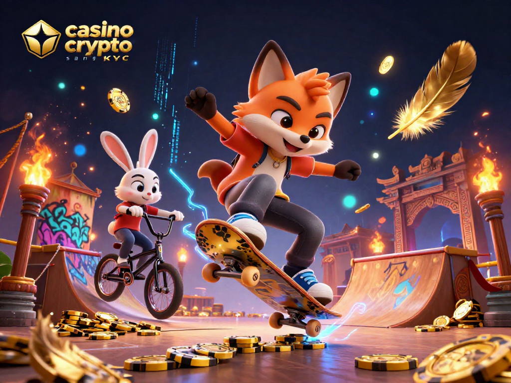 Image dynamique illustrant un casino crypto sans KYC avec un renard skateboarder et un lapin BMX au milieu de jetons et feux d'artifice.