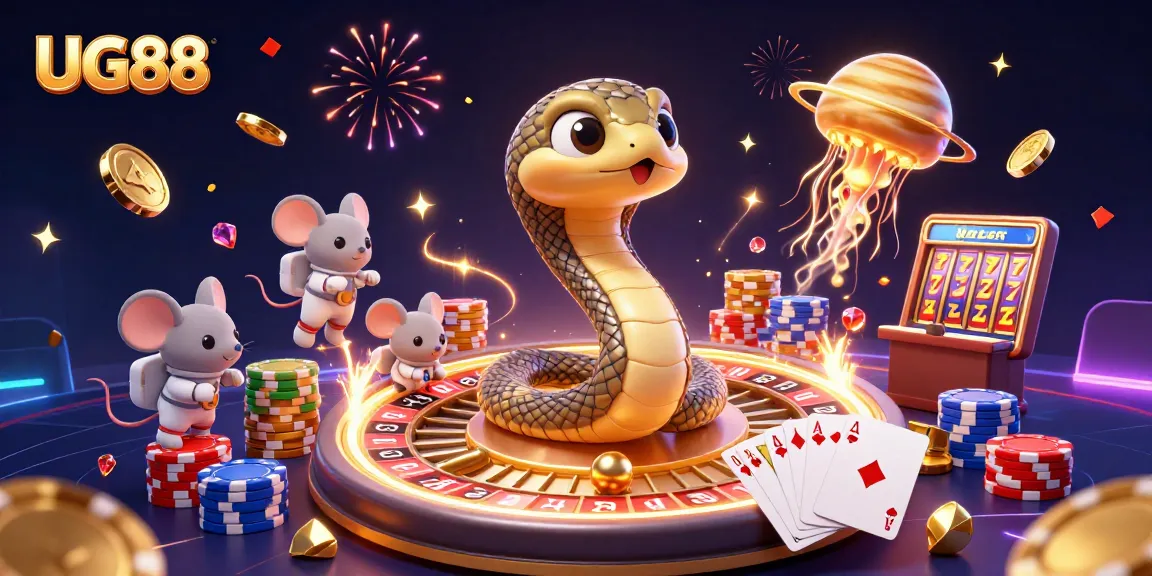 Experience the excitement of Ug88 with astronaut mice betting on a cosmic roulette, as a golden jellyfish dealer floats above.