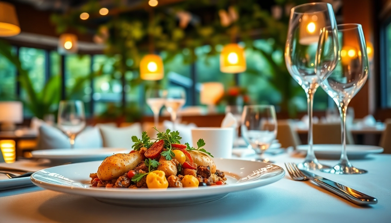 Enhancing restaurant ambiance with a gourmet dish in a beautifully set slot table.