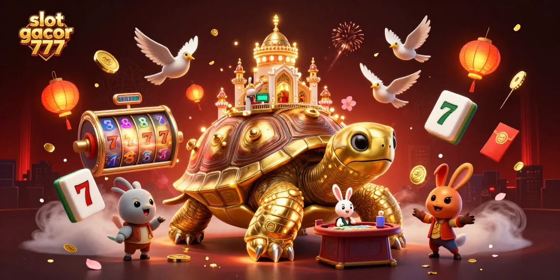 Spin to win with slot gacor 777's dynamic casino scene featuring a golden tortoise dealer.