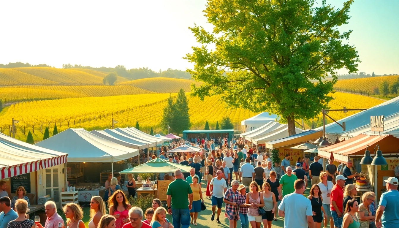 Experience the cheerful atmosphere of the clarksburg wine festival with vibrant booths and happy festival-goers.