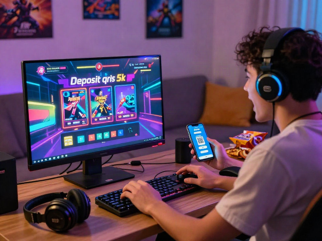 Engaging moment of using slot deposit qris 5k for online gaming in a vibrant living room.