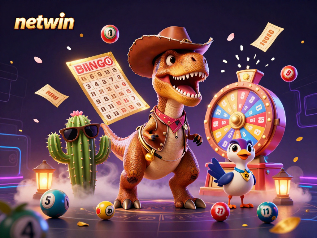 Win big with Netwin in this vibrant casino-themed illustration featuring dynamic lottery elements.