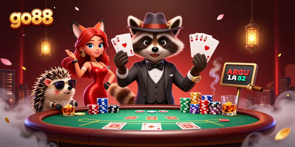 Engage with go88's thrilling poker atmosphere featuring raccoon and fox characters amidst vibrant casino elements.
