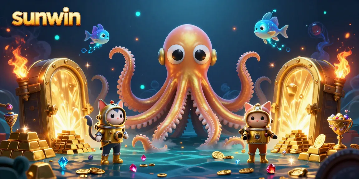 Join the excitement of sunwin with a vivid 3D scene featuring a kraken, a diving cat, and treasure galore!