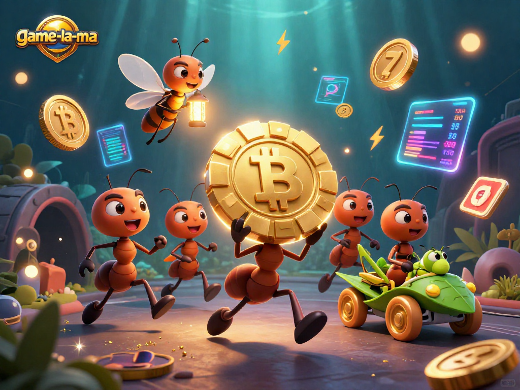 game-la-ma showcases ants heisting a golden poker chip surrounded by crypto elements in a vibrant casino scene