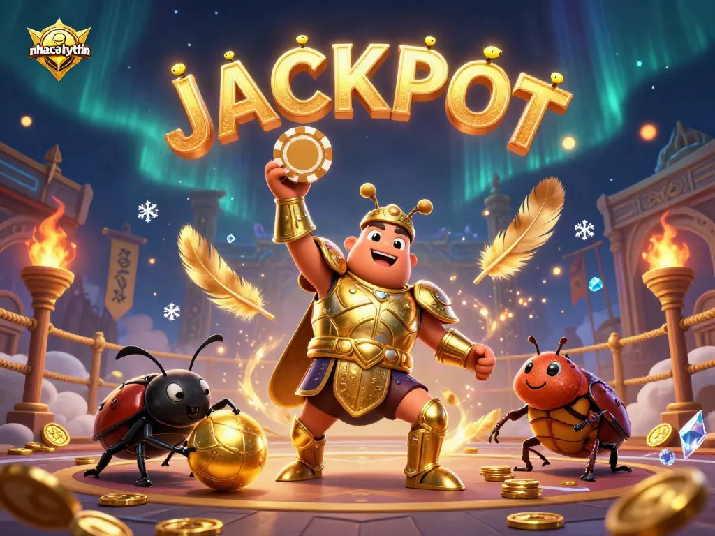 Bet on nhacaiuytin as a 3D beetle lifts a poker chip in a vibrant gaming scene.