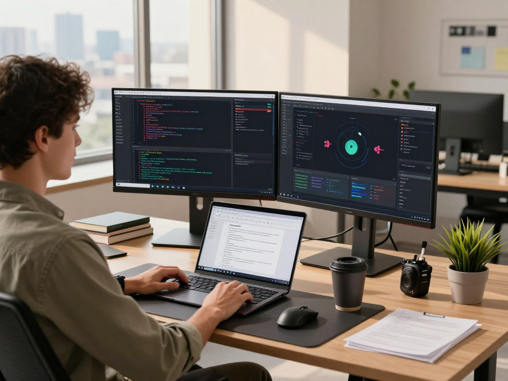Dynamic tech workspace showcasing a software developer utilizing the acrossprotocol, with modern dual monitors displaying coding and design.