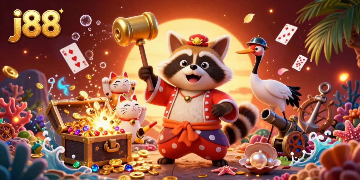 Experience j88 with a vibrant scene featuring cheerful characters and thrilling casino elements like gems and playing cards.