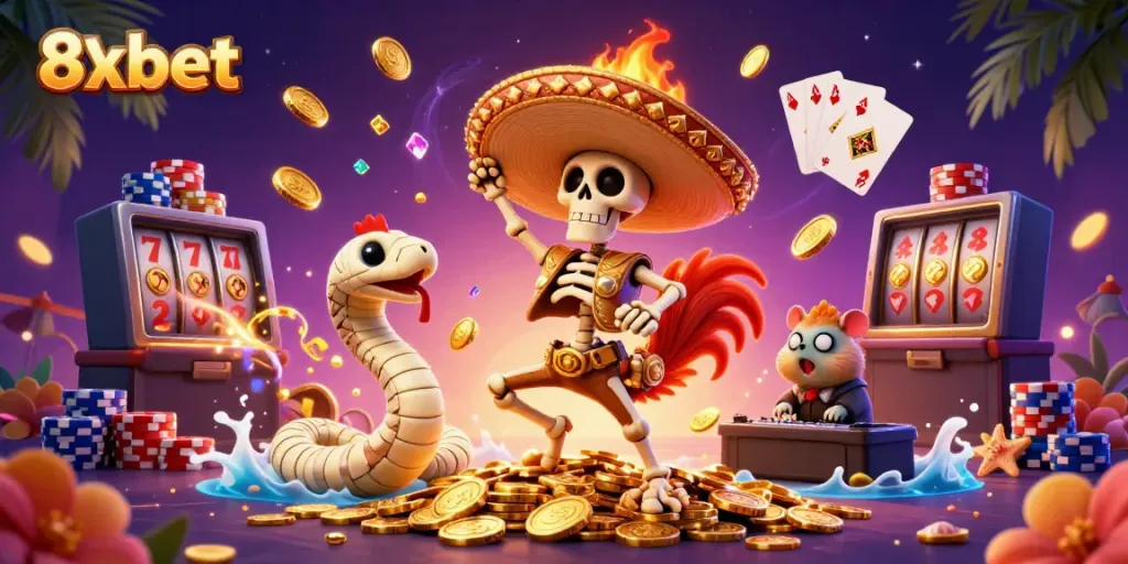 Experience exciting wins at 8xbet with captivating characters celebrating jackpots among golden coins