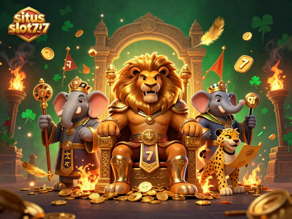 Win big at situs slot777 with fierce lion king, wise elephant, and quick cheetah in an exciting casino scene.