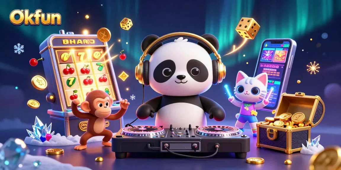 Spin to win with Okfun's vibrant gaming experience, featuring colorful casino elements and engaging characters.