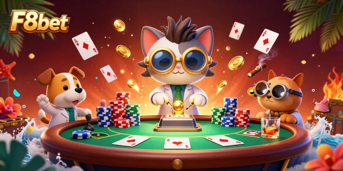 Engage with F8bet's exciting gameplay featuring a mad scientist cat and loyal dog in a vibrant casino scene.