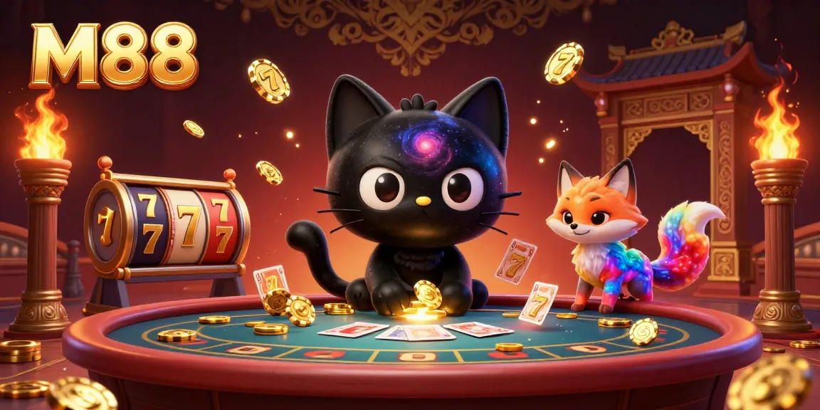 M88 casino features a cosmic scene with a black hole cat and nebula fox pulling in golden chips and cards.