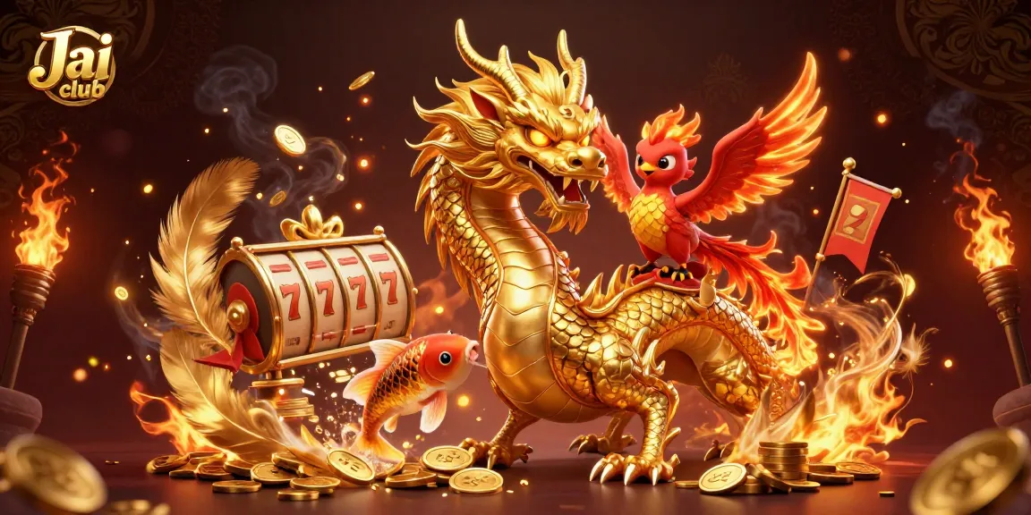 Engage thrilling games at Jai club with a striking 3D illustration of a dragon, phoenix, and koi fish.
