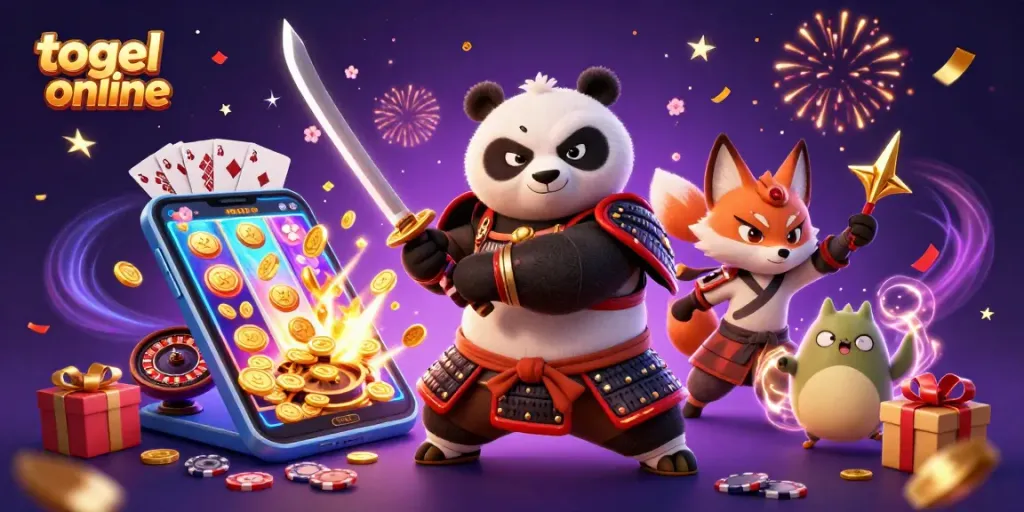 Permainan togel online seru dengan karakter panda samurai, rubah ninja, dan tanuki, di tengah suasana slot yang meriah.