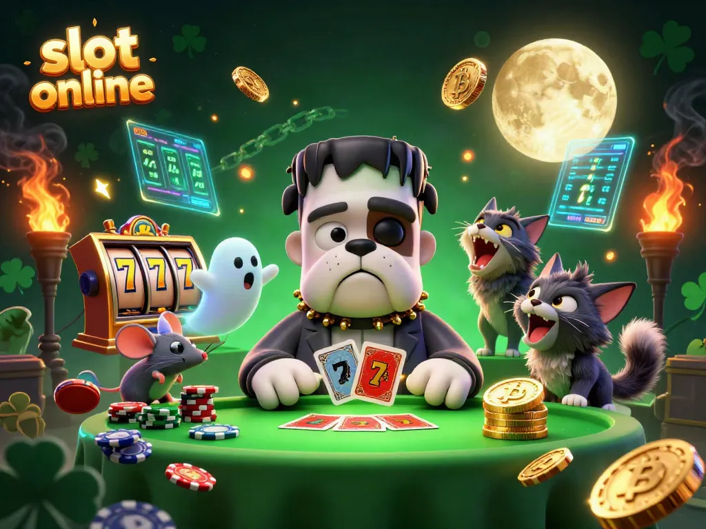 Experience the thrill of slot online in an animated setting with a lively Frankenstein bulldog and whimsical characters.