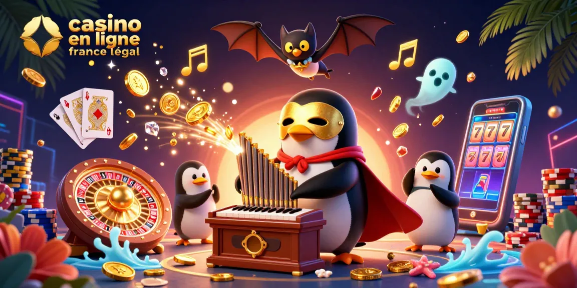 Illustration animée d'un casino en ligne légal en France avec des personnages et des éléments de jeu
