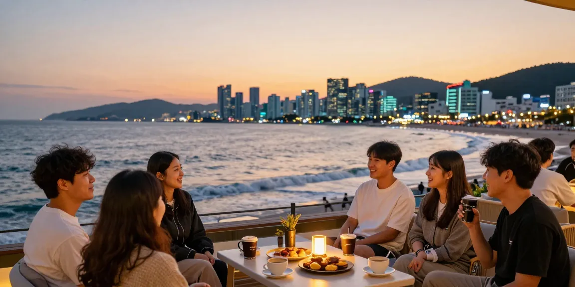 Relaxing group enjoying 여수op services with ocean view at sunset.
