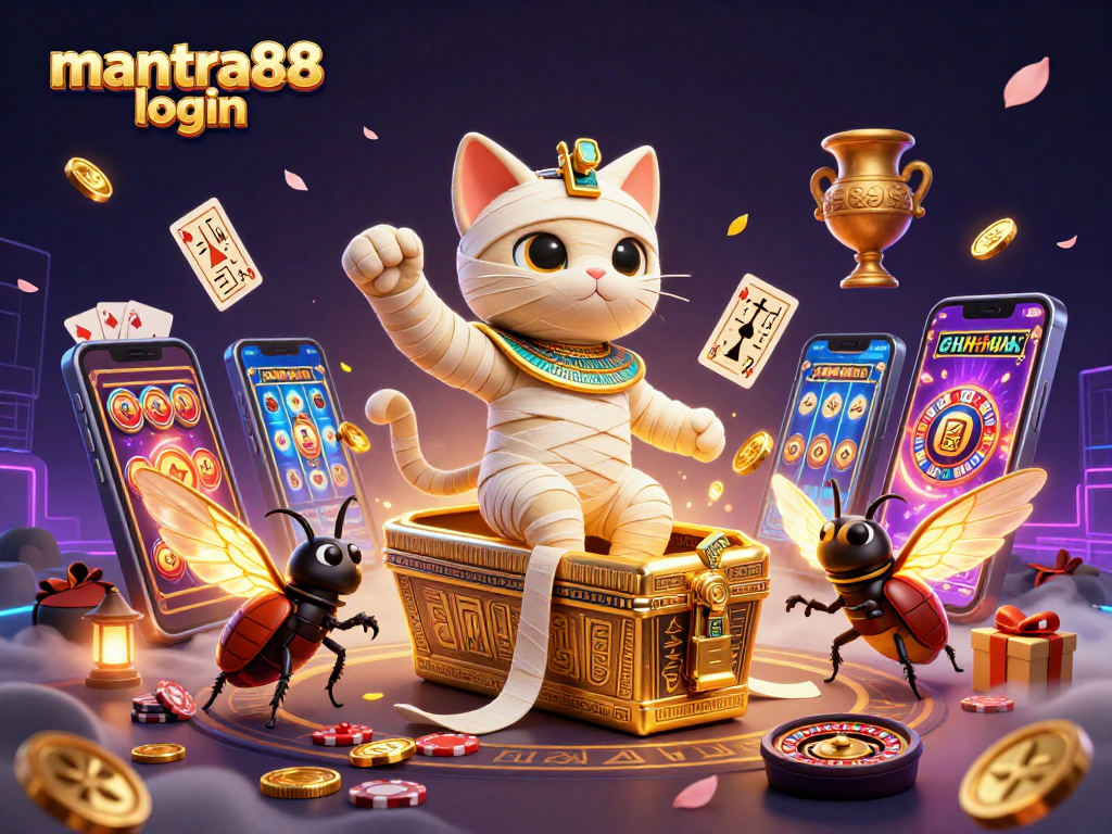 Experience the thrill of mantra88 login with a vibrant 3D casino scene featuring a mummy cat and scarab beetle.