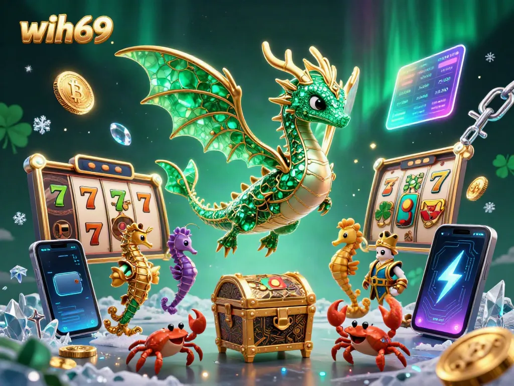 Menangkan jackpot dalam permainan slot dengan wih69 yang dikelilingi simbol keberuntungan dan cryptocurrency.