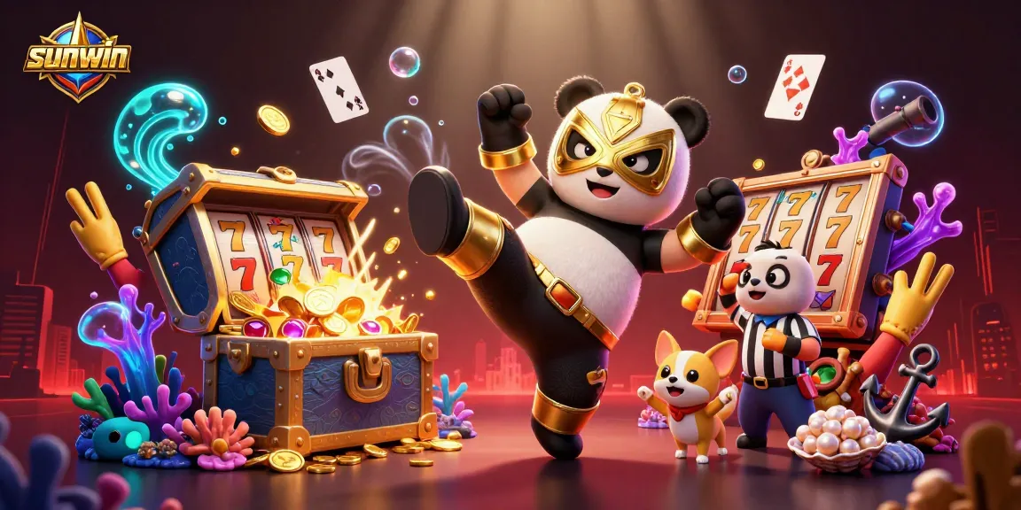 Sunwin's animated casino scene showing a panda wrestler and exciting slot elements.
