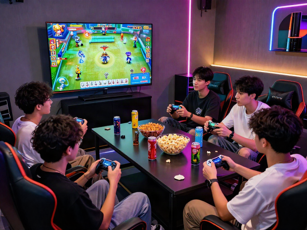 Playful gaming scene with friends enjoying Slot MAHJONGJP88 in a vibrant lounge setting.
