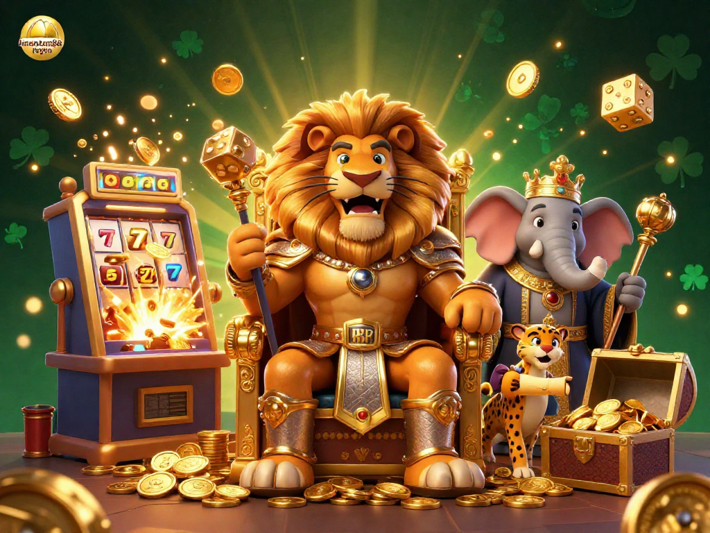 Join the excitement of mantra88 login with a vibrant casino scene featuring a lion king, elephant advisor, and cheetah messenger amidst slot machines bursting with rewards.
