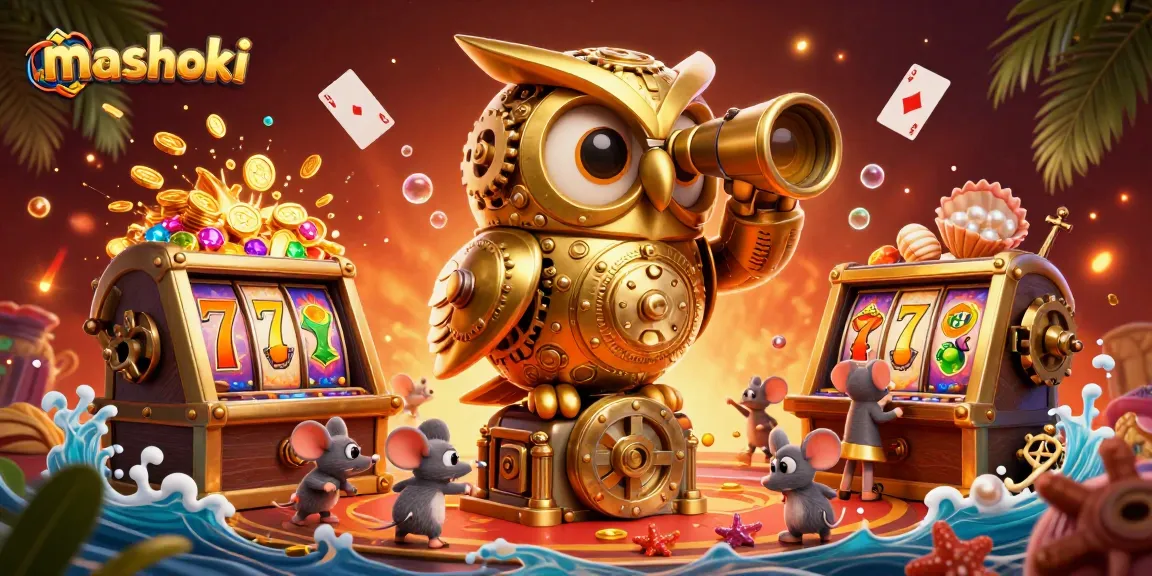Engage with mashoki's vibrant casino scene filled with golden owls, slot machines, and treasures.