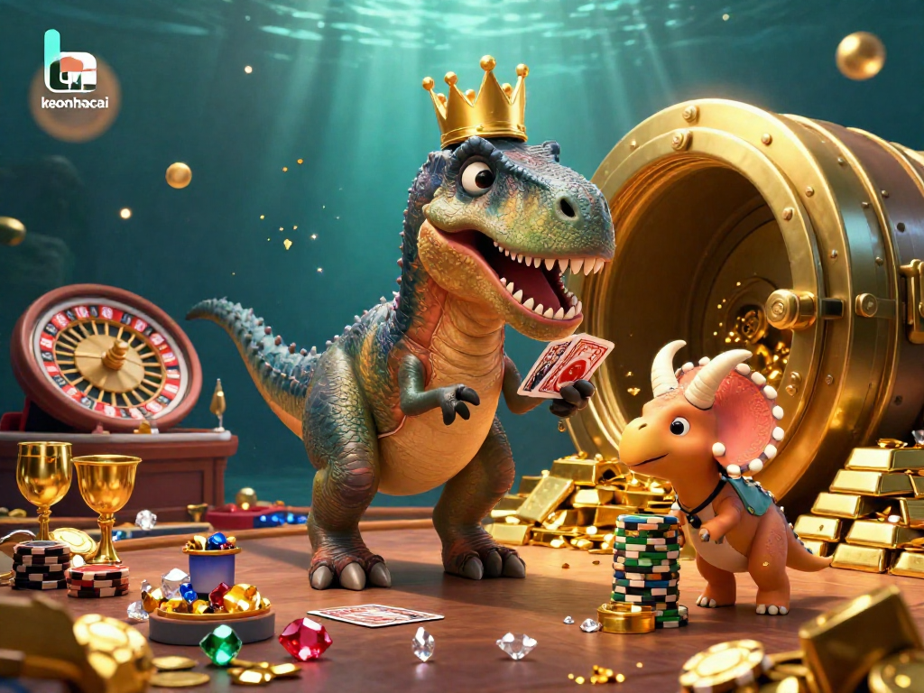 Engage in thrilling keonhacai casino games with T-Rex card shuffling while the baby triceratops stacks chips.