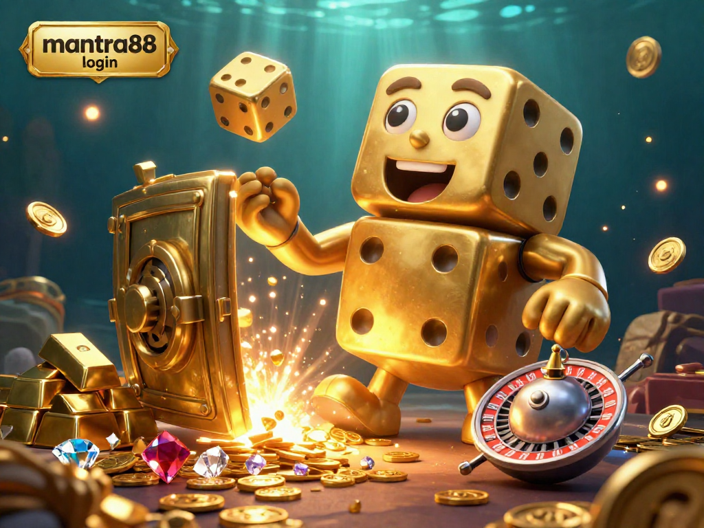 Experience the thrill of mantra88 login with a dynamic scene featuring golden dice and treasure.