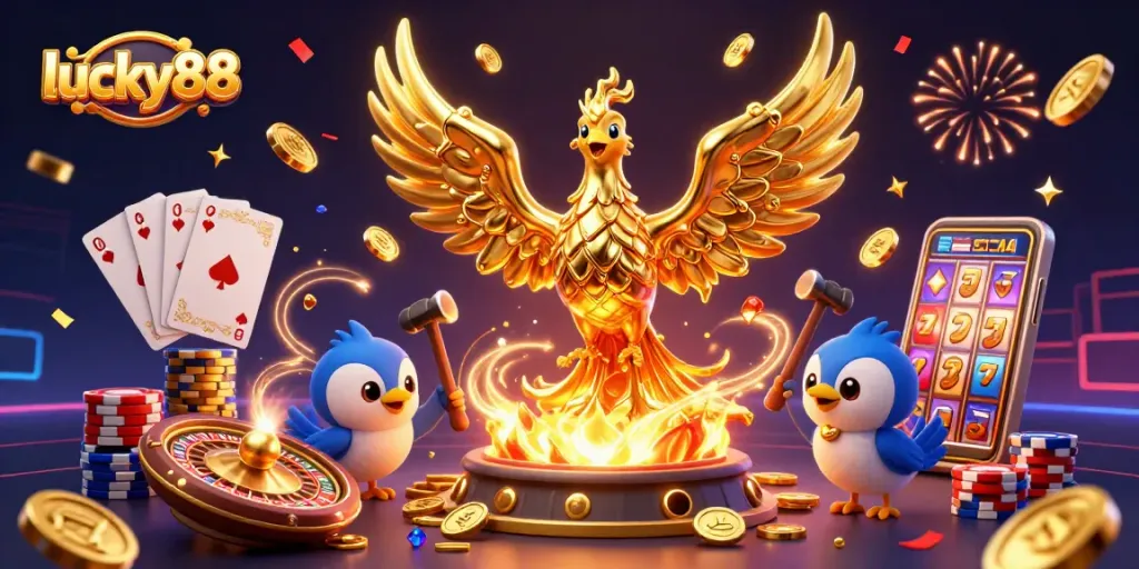 Experience thrilling action on lucky88 with a 3D phoenix surrounded by golden coins and poker chips.