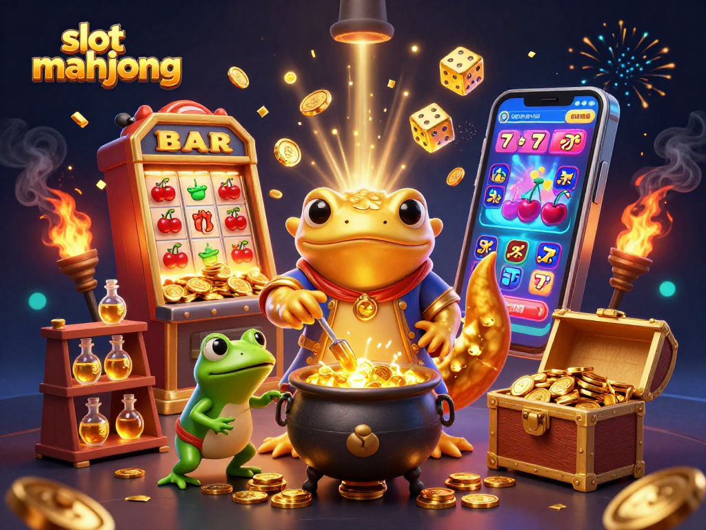 Experience winning excitement in slot mahjong with vibrant visuals of gold coins, slot machine, and fun characters.