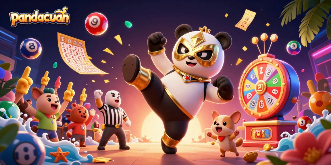 Pandacuan menampilkan panda pegulat profesional dengan topeng emas melakukan tendangan melawan chihuahua wasit sambil para penonton hewan kecil bersemangat.