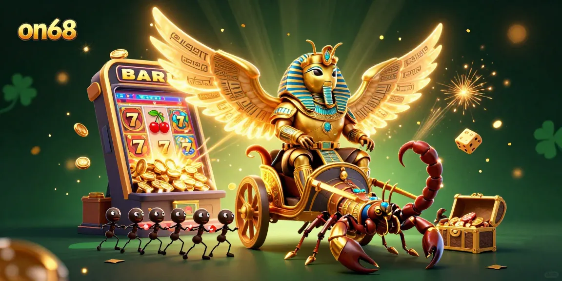 Experience thrilling gameplay at on68 with vibrant casino-themed 3D illustration showcasing a golden beetle and scorpions.