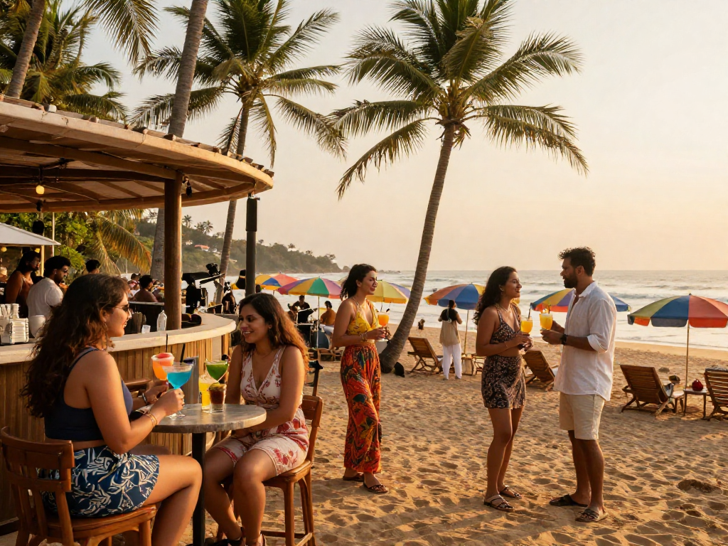 Goa escorts enjoying the sunset on a vibrant beach with tourists.