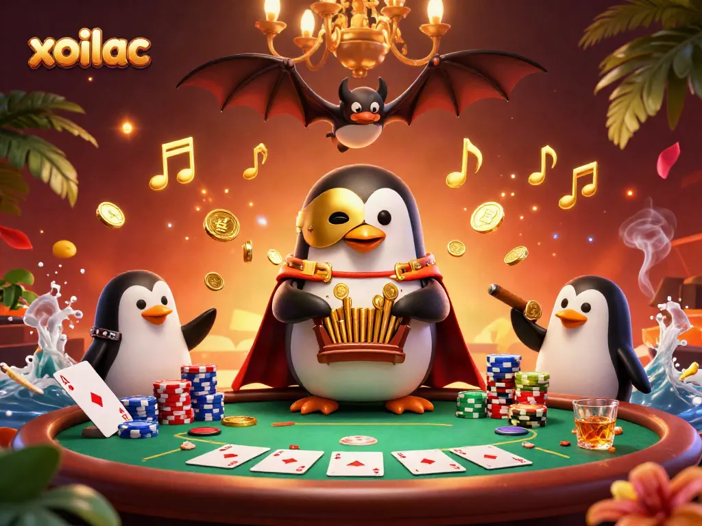 Experience thrilling gameplay with Xoilac's interactive casino scene featuring unique characters and elements.