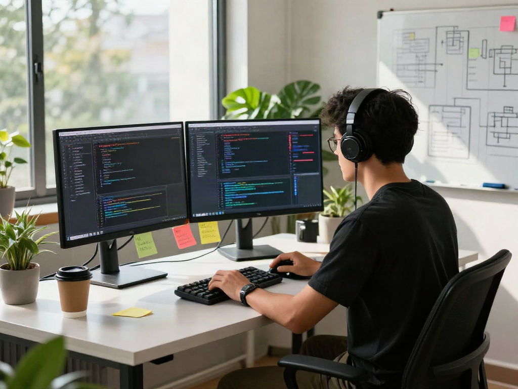 Developer at a modern workspace coding on dual monitors, emphasizing crushon's software solutions.