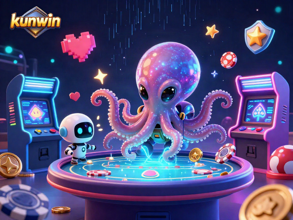 Experience thrilling poker action with the kunwin alien octopus and tiny robot in a vibrant 3D casino scene.