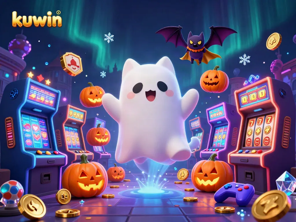 Kuwin showcases a ghost cat and bat in a haunted casino, winning big among vibrant slot machines.