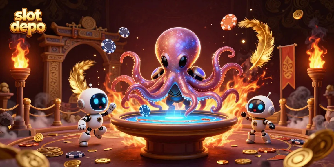 Slot depo menampilkan seekor gurita alien bermain poker dengan chip yang mengorbit dalam suasana kasino yang dinamis.