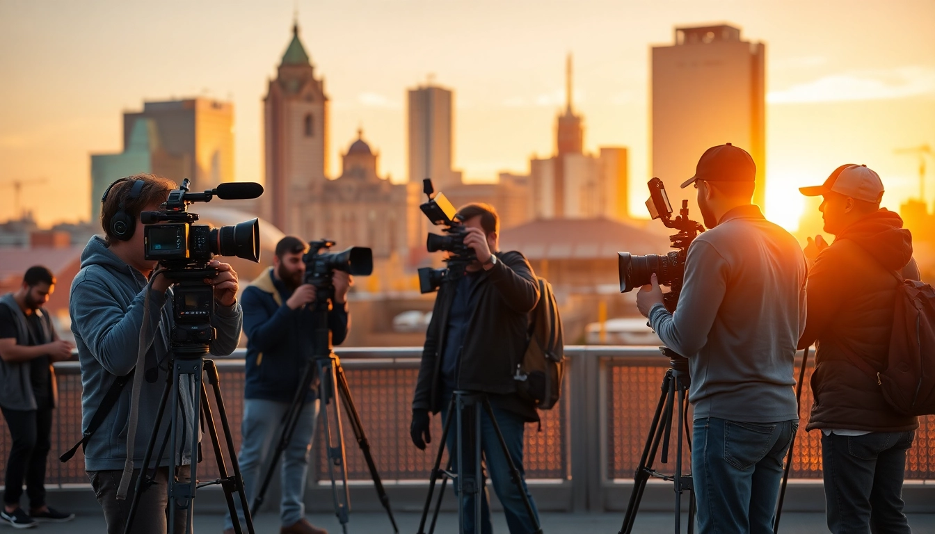 Filmmakers representing edmonton production companies capturing urban scenes with vibrant sunset.