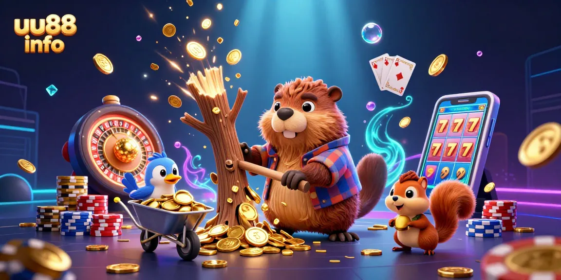 Engage in exciting games at uu88 info with a lively scene featuring golden coin rain and animated characters.