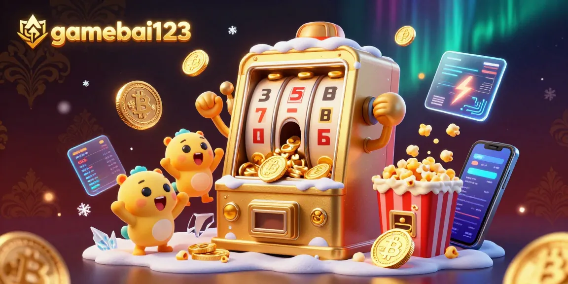 Experience the excitement of gamebai123 with vibrant slot machines and cryptocurrency elements in a thrilling 3D illustration.