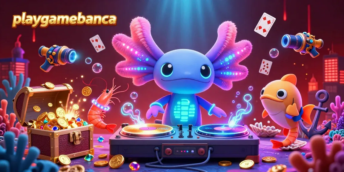 Experience the vibrant energy of playgamebanca with neon characters and casino elements in a colorful underwater scene.