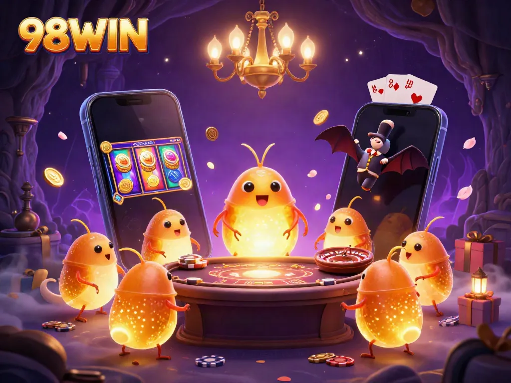 Engage with 98WIN's vibrant 3D glowworm casino illustration showcasing dynamic gameplay.
